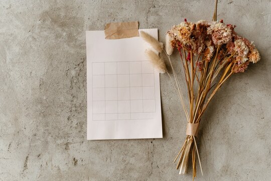 A blank calendar grid taped to a textured concrete wall next to a dried flower bouquet.