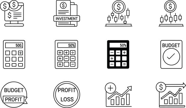 Financial management and investment icons set