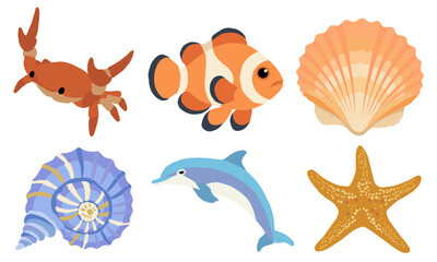 Obraz premium Set of cute marine animals and seashells. Cartoon illustration of clownfish, starfish, dolphin, crab, and ocean shells. Collection of sea creatures on a white background.