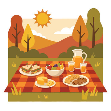 Variety of food on picnic table.