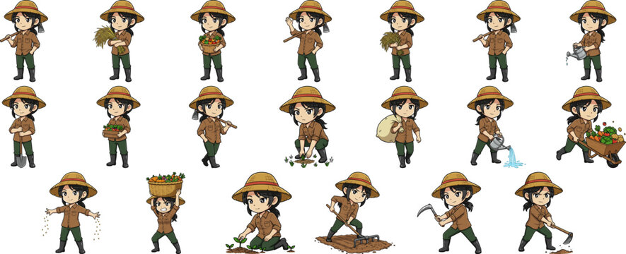 Farming Characters Set Diverse Agricultural Actions and Poses of a Rural Farmer in a Garden Environment, Cartoon Style Illustration