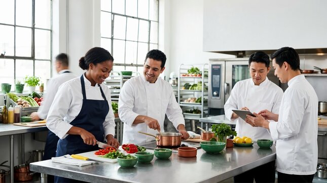 Diverse chef team cooking and collaborating in a commercial kitchen. Professional culinary staff preparing fresh food and using a digital tablet