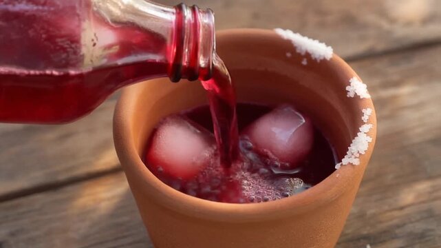 Vibrant slow motion pour of red beverage into a terracotta pot with melting ice cubes, rimmed with rock salt on a rustic wooden table