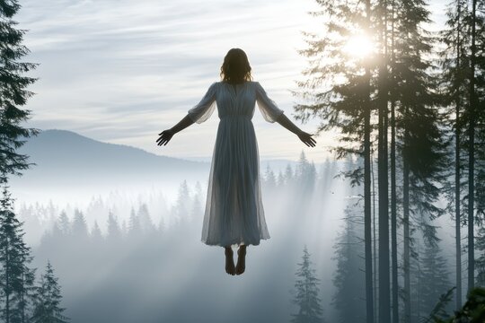 Woman in white dress floating in air above misty forest landscape with sun rays