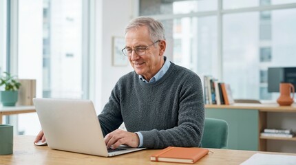 Fototapeta premium Senior man working on a laptop in a bright modern office. Professional male using computer at a wooden desk. Remote work and technology for seniors