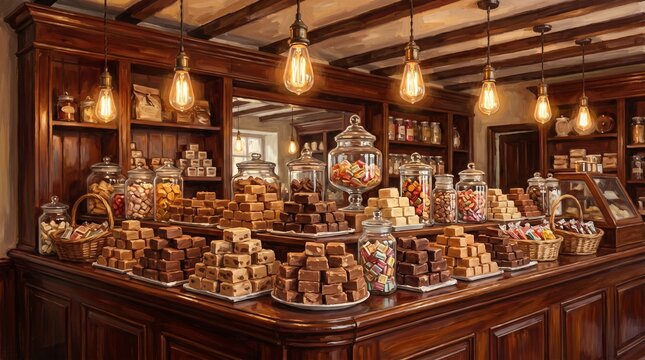 Vintage Confectionery Shop Fudge Counter Digital Painting Nostalgic Warm Atmosphere