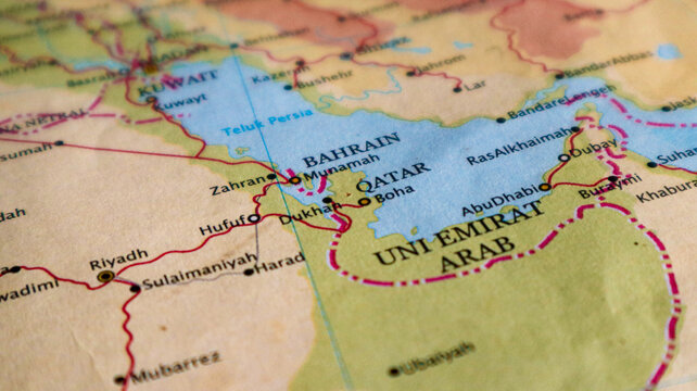 Map of Qatar, an emirate in the Middle East located on a small peninsula in the Arabian Peninsula in Western Asia.