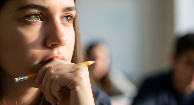 Stressed teenage girl student biting pencil while staring down at difficult exam paper