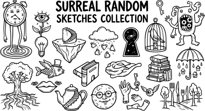Surreal Black and White Line Art Sketches Collection with Abstract and Whimsical Objects
