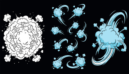 Cartoon white cloud explosions and blue swirling steam blast special effects isolated on black background vectorCartoon white cloud explosions and blue swirling steam blast special effects isolated on © MDHAFIJUDDIN