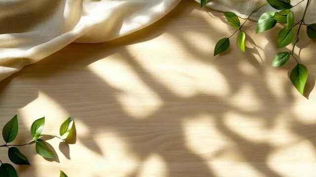 Soft light shines on a wooden surface as leaves and fabric create interesting shadows. This setup captures the beauty of nature and simplicity