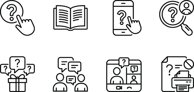 Minimalist customer support line icon set featuring question marks help center book mobile assistance video call and technical printer problem vector illustrations for web.