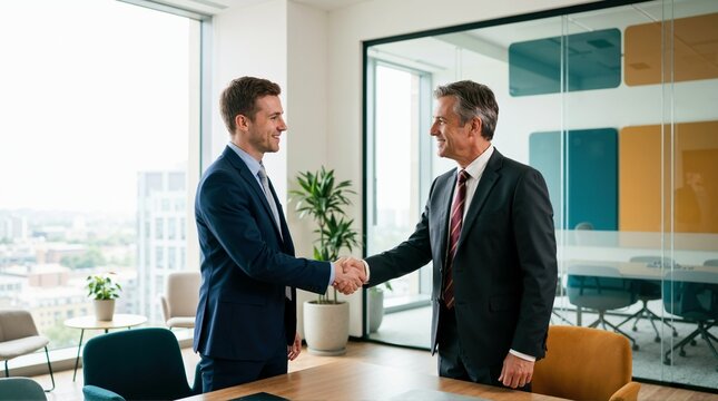 Businessmen shaking hands in modern corporate office. Senior executive and young professional concluding a deal. Partnership and success concept