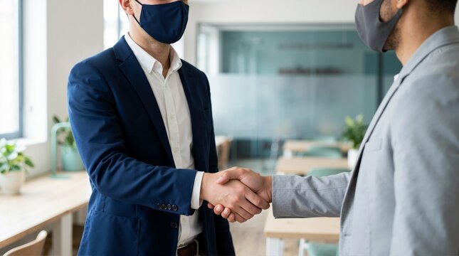 Businessmen wearing face masks shaking hands in a modern office. Professional greeting with health and safety protocols. New normal business partnership concept