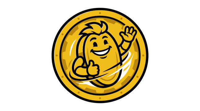 Smiling Cartoon Coin Character Waving Hand.