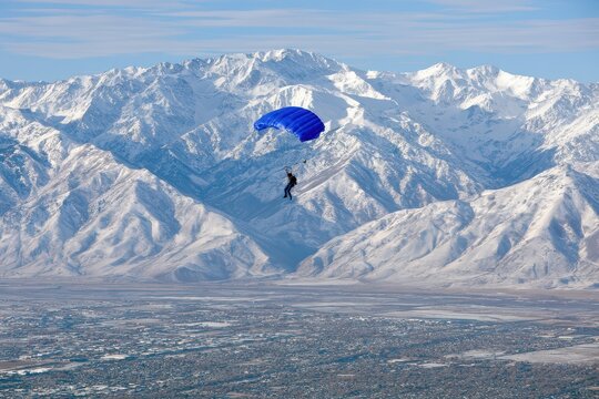 A lone skydiver with a vibrant blue parachute descends over a snow-covered mountain range and a city below.