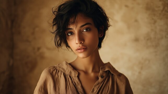 Dark Wavy Bixie Haircut on Warm Plaster Background