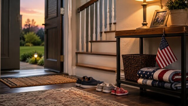 warm american home entrance with open door at sunset, family shoes on floor and small us flag beside folded patriotic quilt for fourth of july homecoming background
