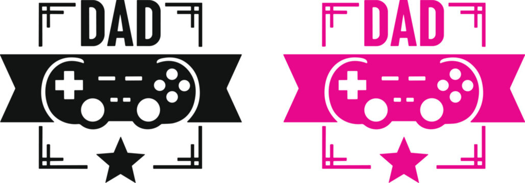 Dad gaming badge with controller and star graphic in monochrome and pink