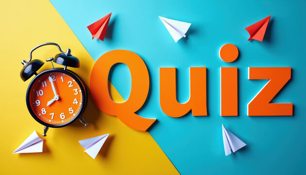 Orange word quiz with alarm clock and paper planes on blue and yellow background. Time for test or game. Education challenge and brain teaser concept.