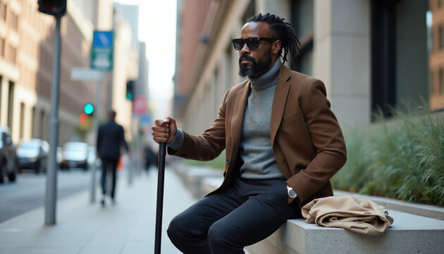 Black man with sunglasses and walking stick sits on bench. He is visually impaired and navigates city street with cane. Man uses mobility aid to walk outdoors.