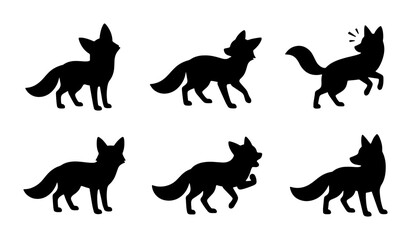 Fototapeta premium Black Fox Silhouettes, Six Dynamic Poses Vector Set, Wild Animal Graphics, Woodland Creature Illustrations, Canine Iconography