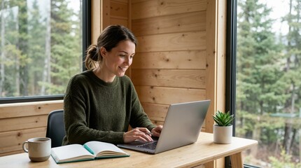 Fototapeta premium Smiling woman working remotely on a laptop in a rustic wooden cabin. Professional female freelancer typing at a desk with forest view. Digital nomad lifestyle and home office concept