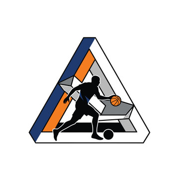Basketball player silhouette dribbling inside an impossible geometric triangle frame with basketball triangle impossible geometric silhouette abstract competition exercise movement training