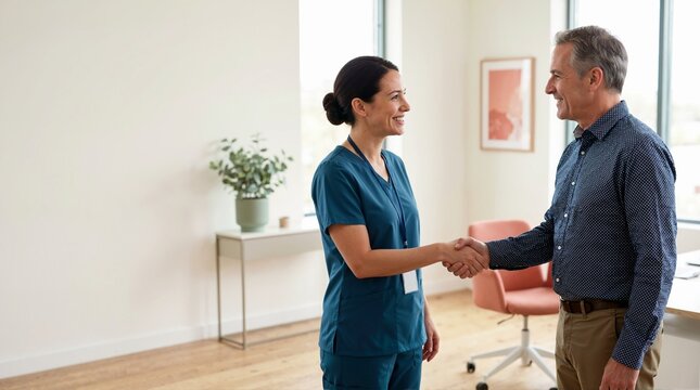 Nurse and patient shaking hands in a bright medical clinic. Healthcare professional greeting middle aged man. Trust and medical consultation concept