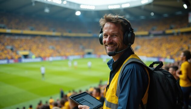 Man with headset works in soccer stadium during game. He smiles holding tablet near sports field with players and fans in stands. Media coverage during match event.