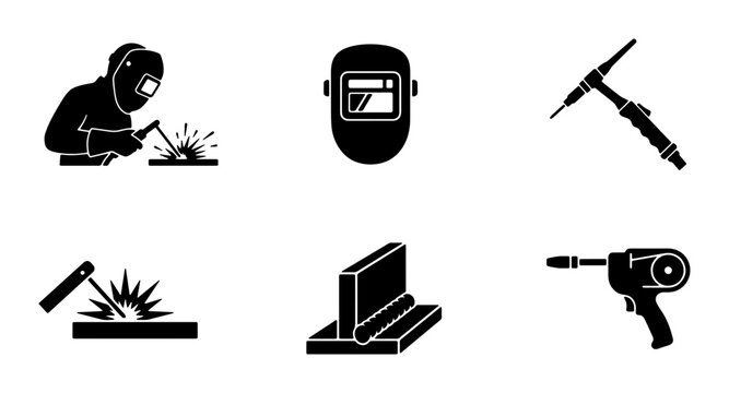 Welding Icons Set, Industrial Metalwork Symbols, TIG Torch and Welder Equipment, Safety Mask and Metal Fabrication Graphics, Black and White Vector Illustrations