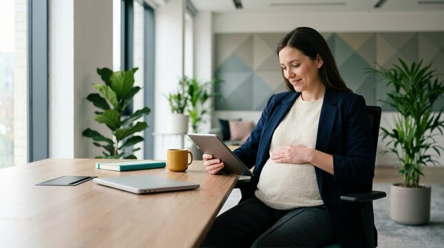 Pregnant professional sitting at a desk using a tablet. Smiling businesswoman in a modern office environment. Maternity leave and work life balance concept