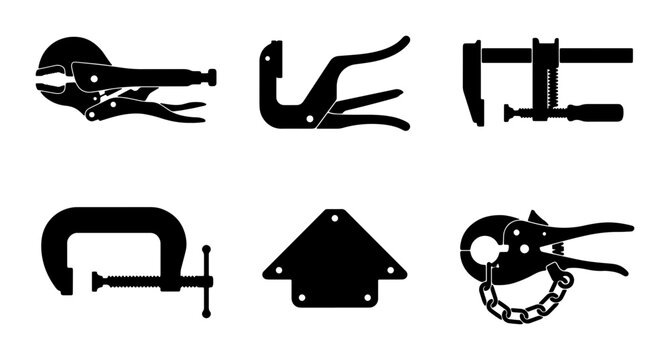 Set of 6 Black Silhouette Clamps and Holding Tools Vector Icons, Workshop and Construction Equipment, Industrial Hardware
