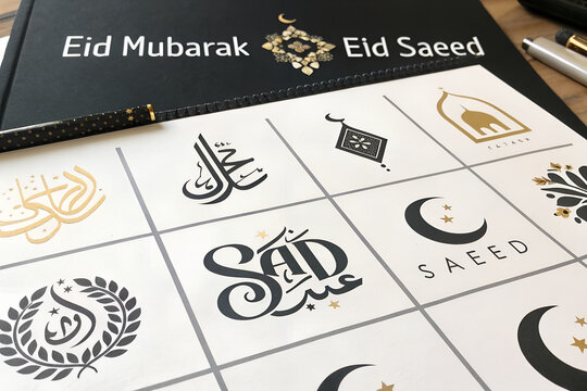 Islamic Eid Mubarak and Saeed logo design collection with crescent mosque calligraphy elements displayed on a professional office desk with stationery