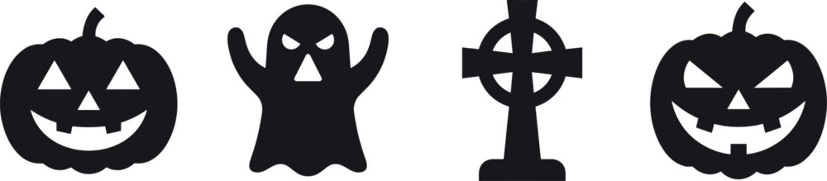 Halloween silhouette icon set featuring spooky ghosts creepy pumpkins and cemetery grave cross symbols for decoration vectorHalloween silhouette icon set featuring spooky ghosts creepy pumpkins and ce