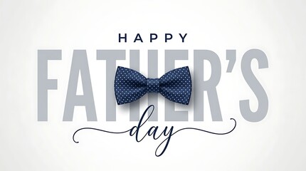 Happy Father's Day greeting card with blue bow tie, elegant typography on white background, minimalist masculine celebration banner