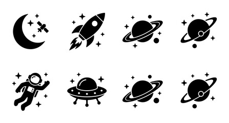 Space Icons Set, Celestial Objects Vector Graphics, Astronaut, Rocket, UFO, Planets, Moon, Satellite, Cosmic Exploration Symbols © Nadiya