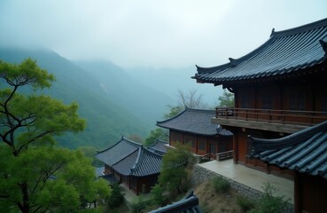 Fototapeta premium Traditional Korean temple buildings sit on misty mountain hillside with lush green trees. Ancient East Asian architecture features curved roofs and wooden structures against serene landscape backdrop.
