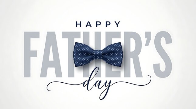 Happy Father's Day greeting card with blue bow tie, elegant typography on white background, minimalist masculine celebration banner