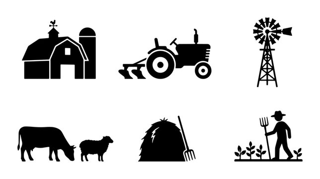 Farm Icons Set: Barn, Tractor, Windmill, Cow, Sheep, Haystack, Farmer Silhouette, Vector Graphics for Agriculture and Countryside Concepts