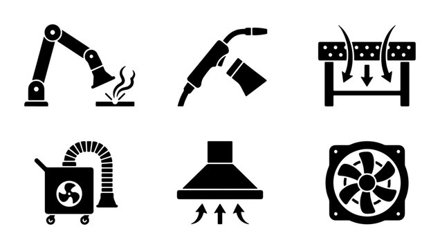 Industrial Ventilation and Welding Icons: Robotic Arm, Welder Torch, Air Filter, Extractor Fan, Hood, Cooling Fan Vector Set