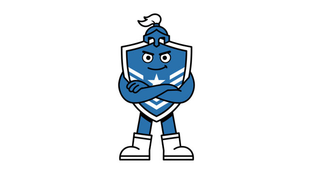 Blue cartoon knight mascot character standing.
