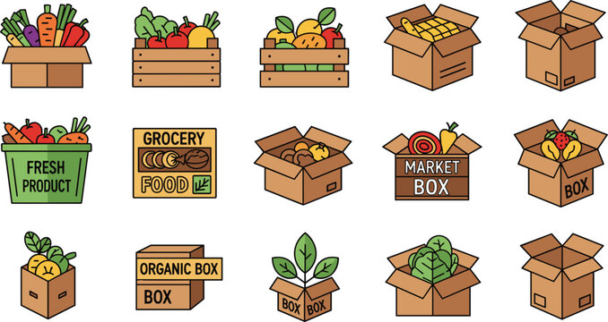 Organic Grocery Box and Fresh Produce Packaging Vector Illustration Set Isolated on White Background