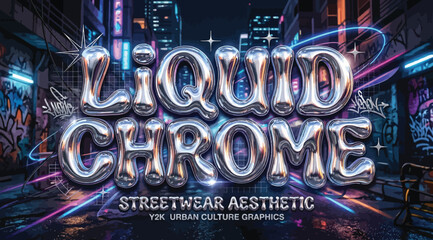 Liquid chrome y2k streetwear aesthetic text effect, urban culture graffiti background, 3d metallic balloon font © Saharia