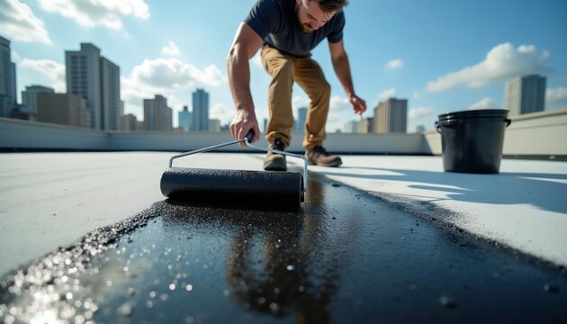 Man rolls black sealant on flat rooftop. Construction worker repairs building exterior surface. Urban city skyline under blue sky and clouds.