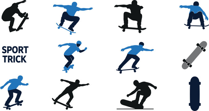Skateboard Trick and Extreme Sport Silhouette Vector Illustration Set Isolated on White Background