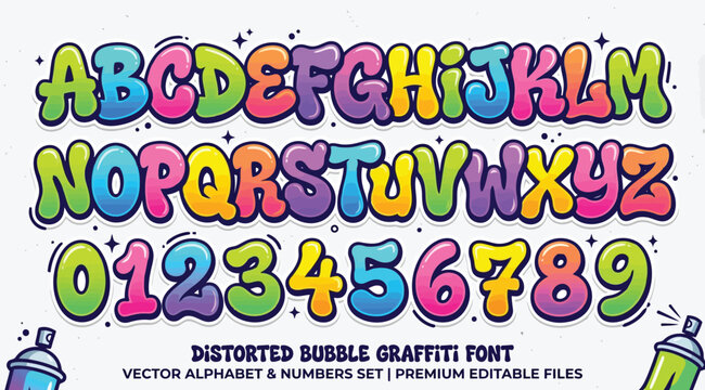 Distorted bubble graffiti font vector alphabet and numbers set