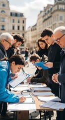 Fototapeta premium Group of diverse people signing documents at a public registration desk outdoors in a city.