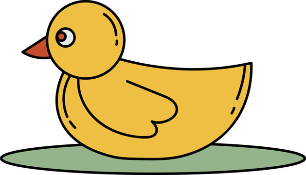 Cute yellow rubber duck toy on a green lily pad, simple cartoon illustration for baby bath time fun