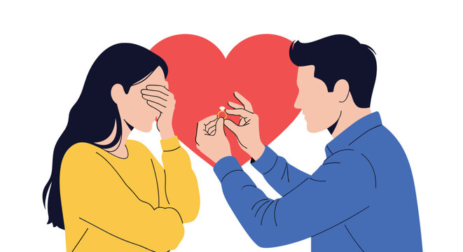 Romantic man proposing to woman with engagement ring in front of a large red heart shape on a plain white background.